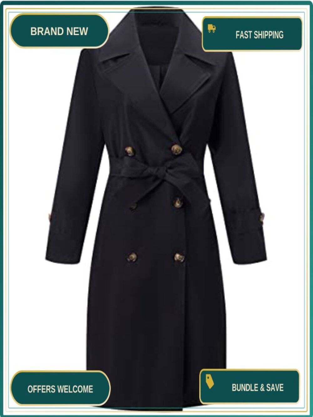 Women's Double-Breasted Trench Coat Water Resistant Knee Length Belted Relaxed